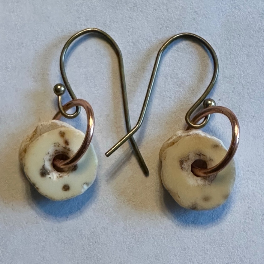HAND CRAFTED Ostrich Eggshell Heishi Beads on a Copper ring Bronze Earrings